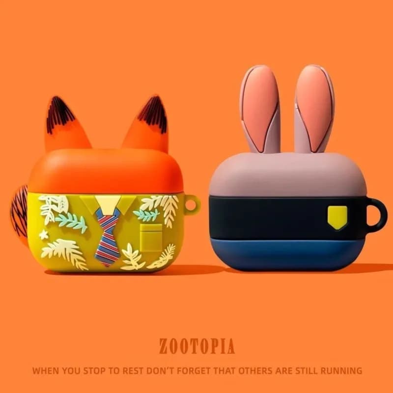 Custodia in silicone 3D Zootopia Judy Nick per AirPods con orecchie 3D per AirPods 4 3 2 1 Pro Pro 2 Pro 3, cover antiurto carina