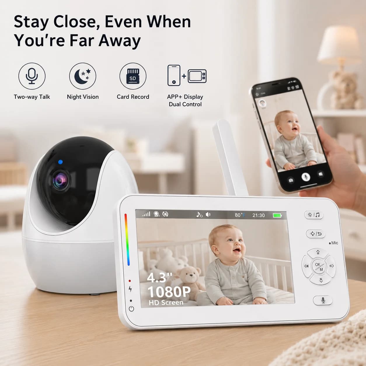 WiFi 1080P Baby Monitor 4.3" Display+App Dual Control Nanny Night Vision Lullabies Feeding Reminder Night Light PTZ Baby Camera