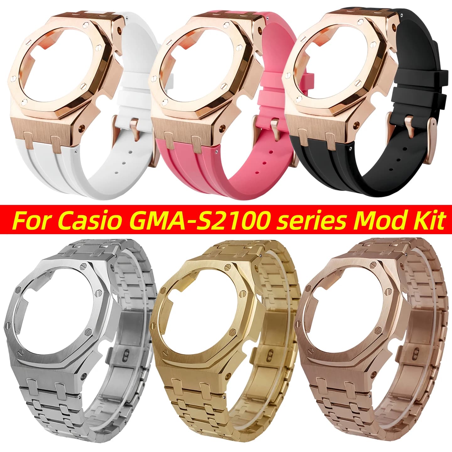 GMA-S2100 Mod Kit For Casio G-SHOCK GMA S2100 Women Stainless Steel Metal case Rubber Watch Strap Modified Watchband Accessories