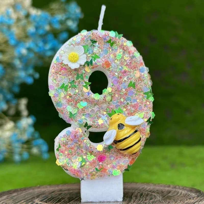 Iridescent Glitter Number Birthday Candle with Mini Bee & Daisy Flower, Spring Garden Digit Cake Topper Candle, Kids Floral Insect Theme Party Cake Decorations