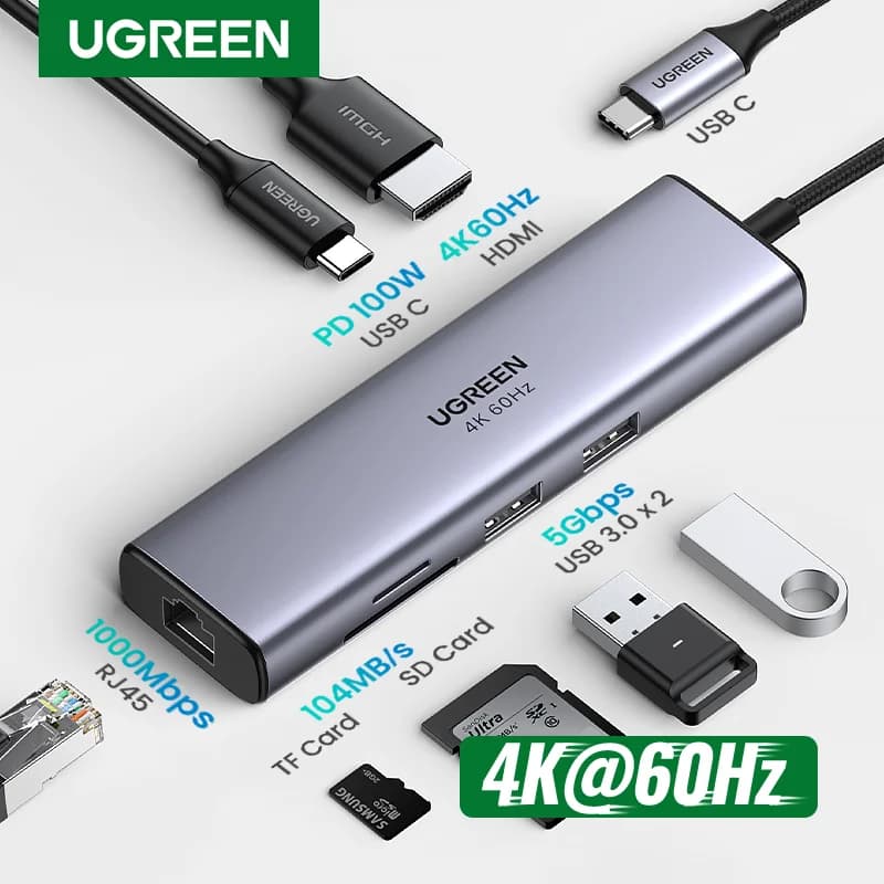 UGREEN USB C HUB 4K60Hz 7-in-1 Type C to HDMI PD100W SD and TF RJ45 USB3.0 5Gbps for MacBook Laptop USB Splitter Docking Station
