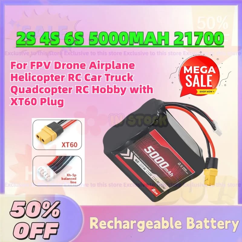 Batteria Lipo 2S 4S 6S 5000MAH 21700 per Droni FPV, Aerei, Elicotteri, Auto RC, Camion, Quadricotteri, Hobby RC con Connettore XT60