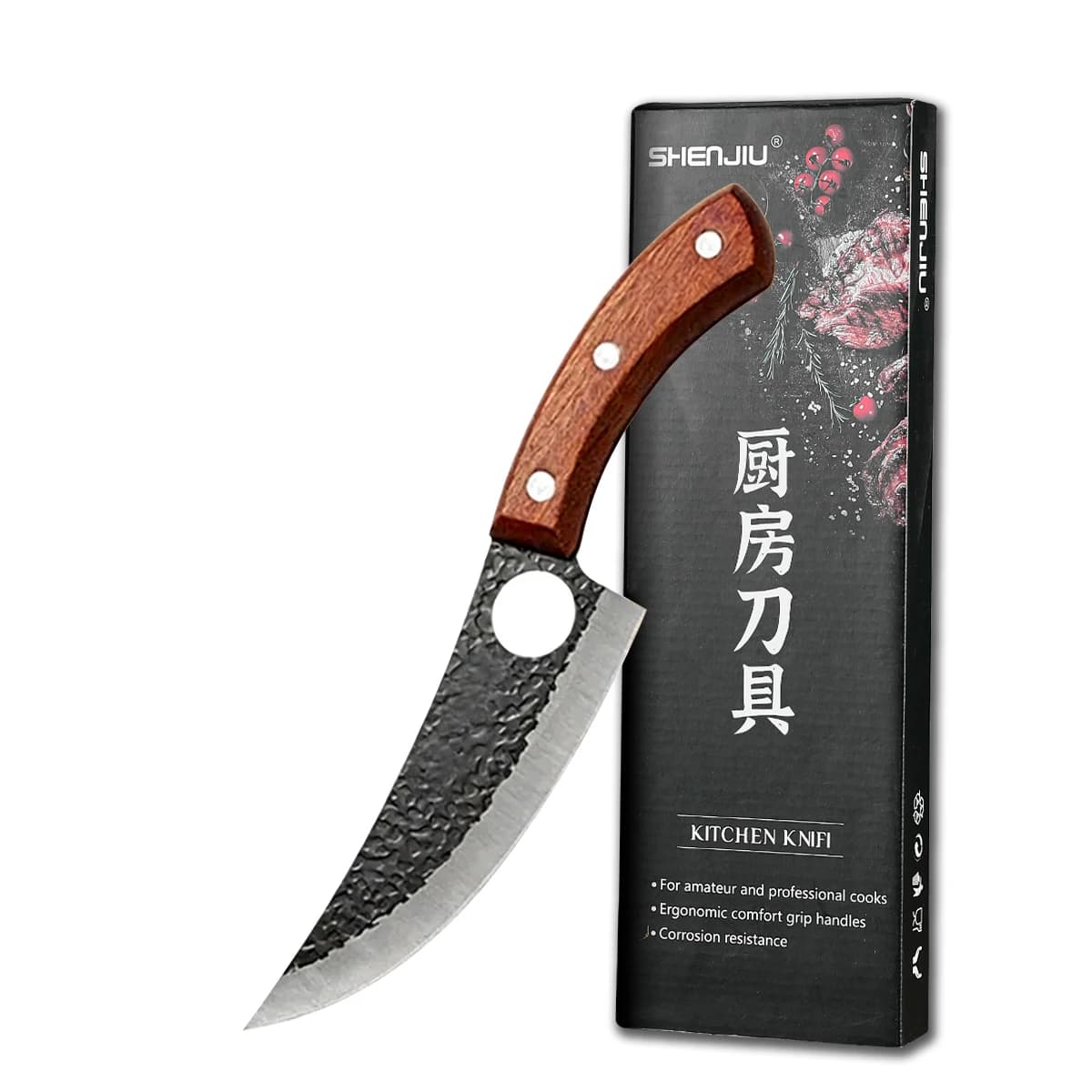 Professional Knife Knife Forged in Hand with Wood Handle, Stainless Steel Bone Knife, Full Tang Kitchen Knife