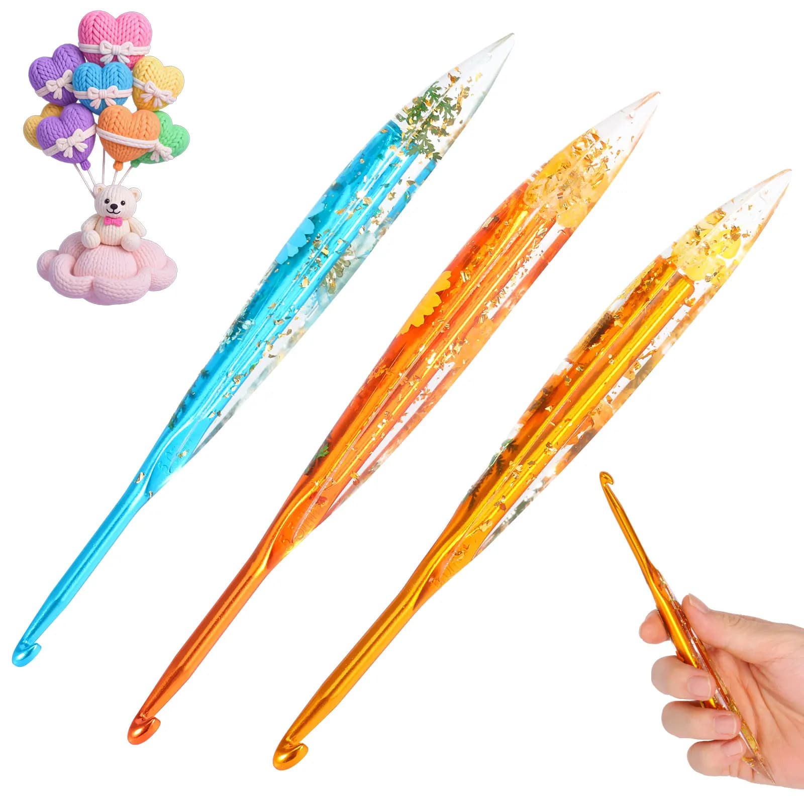 3 PCS Floral Resin Grips Crochet Hook Knitting Weave Crochet Needle Yarn Knitting Tools DIY Weaving Tools Sweater Making