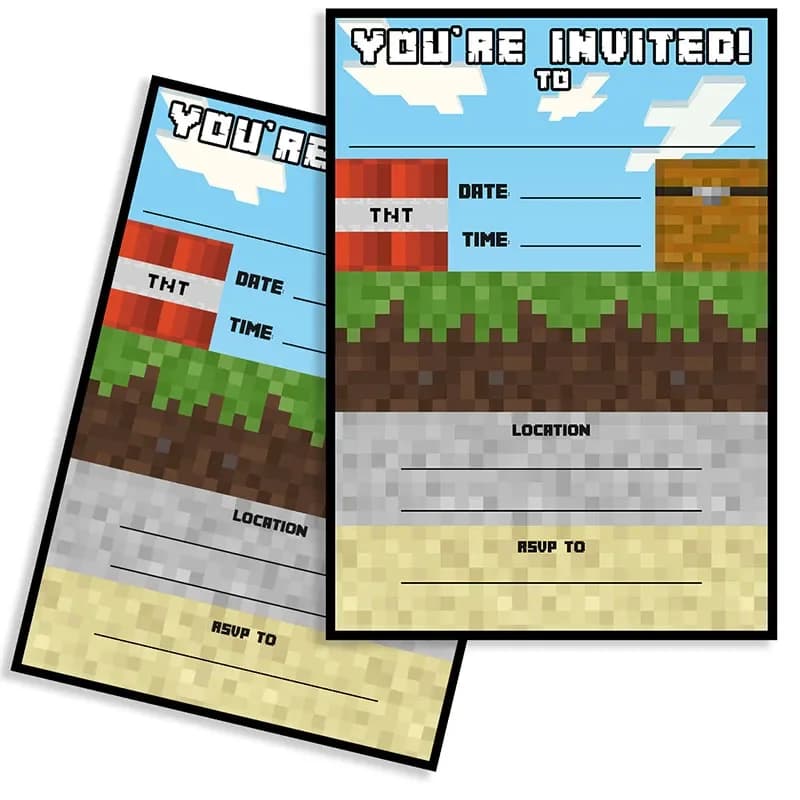 Biglietto d'auguri con tema pixel Cartoon Birthday Mine Crafter Biglietto d'invito a pagina singola per fornitura di giochi per bambini 8 pezzi Forniture per feste