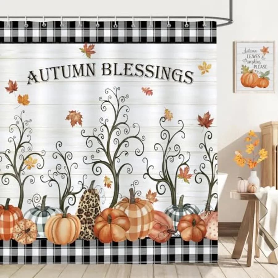 Tenda da doccia con zucca scozzese autunnale Foglie autunnali Albero Farmhoe Tenda da bagno del Ringraziamento 72x72 pollici Tessuto in poliestere Waterpro