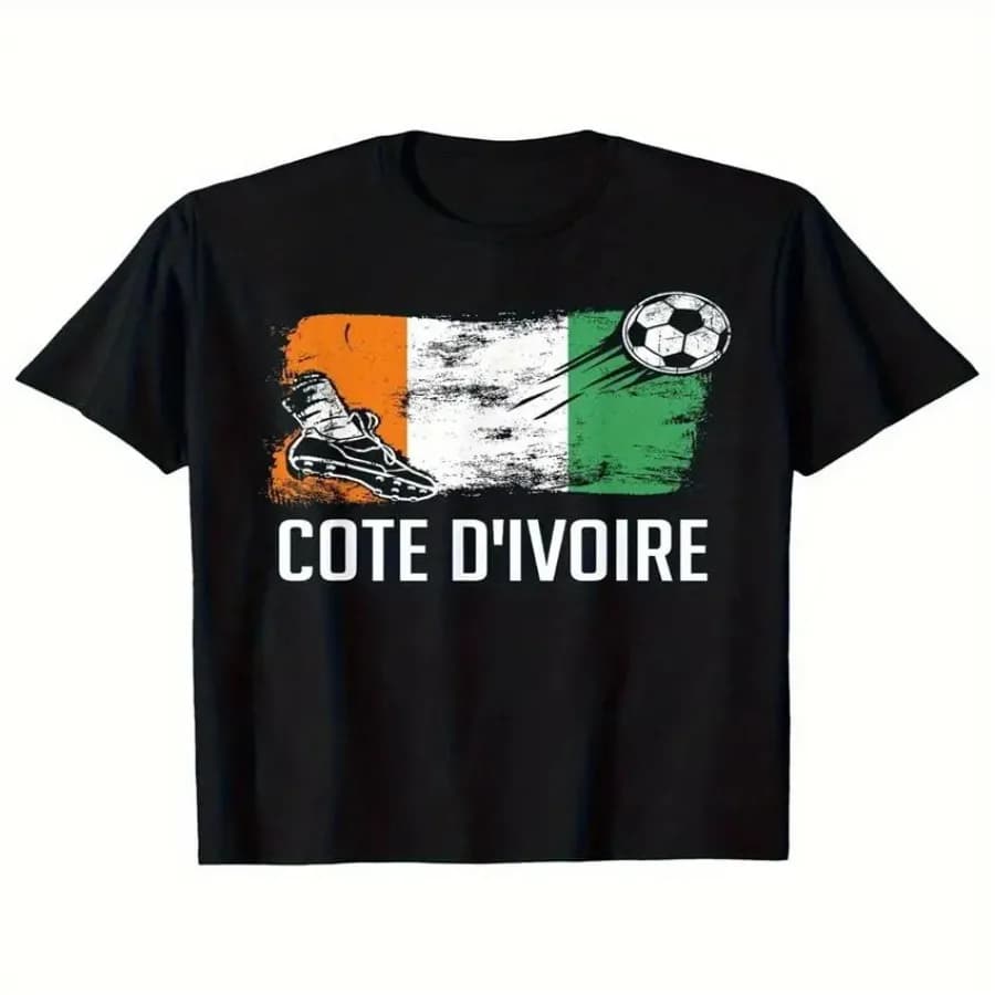 Maglietta della Nazionale di Calcio della Costa d'Avorio - Nera con Design Bandiera e Pallone da Calcio, Realizzata in Tessuto Traspirante, Adatta per Lavaggio in Lavatrice