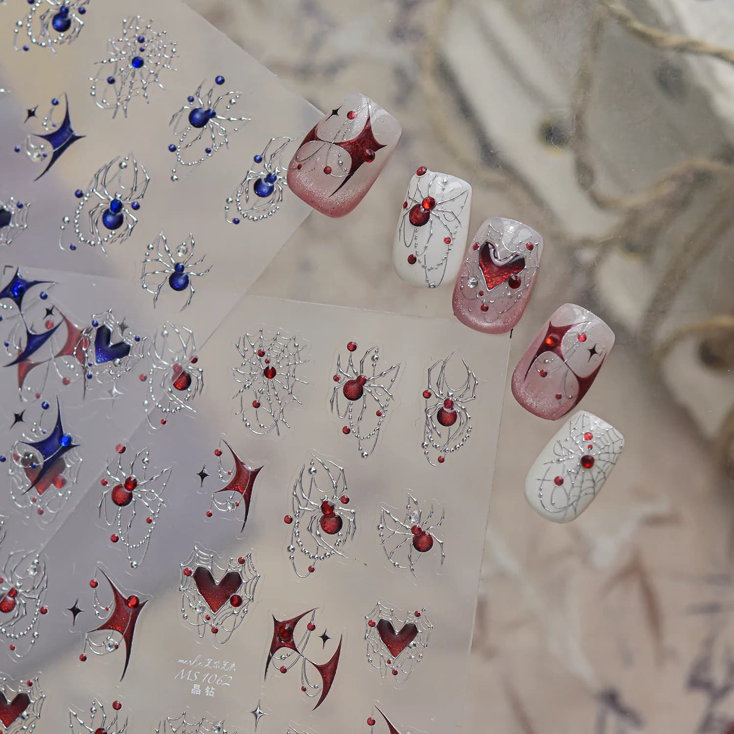 Silver Blue Red Spider Hollow Metal Cobweb Pointed Heart Web Frame Four-point Star Dark Gothic Rhinestone 5D Nail Art Stickers