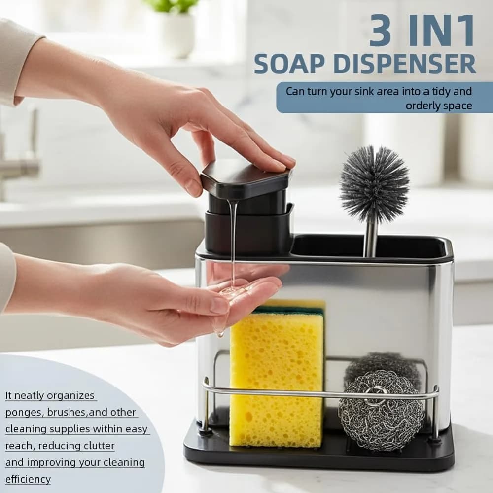 3 IN 1 Kitchen Sink Caddy with Dish Soap Dispenser & Sponge Holder Stainless Steel Storage Rack for Kitchen Bathroom RV Dorm