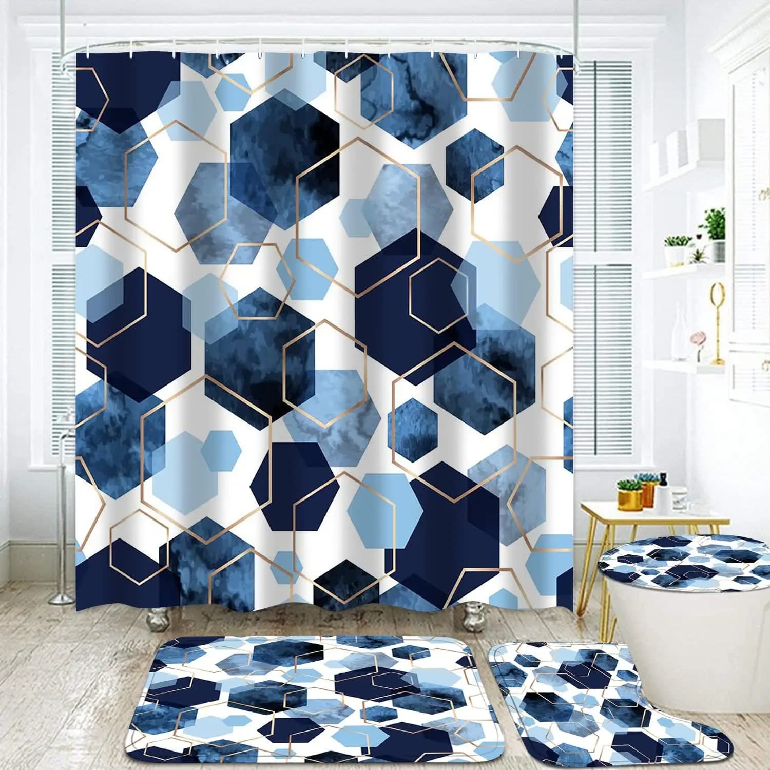 Set di 4 Pezzi Tenda Doccia Geometrica Blu con Tappetino da Bagno e Tappeti per WC, Arte Moderna per Arredo Bagno