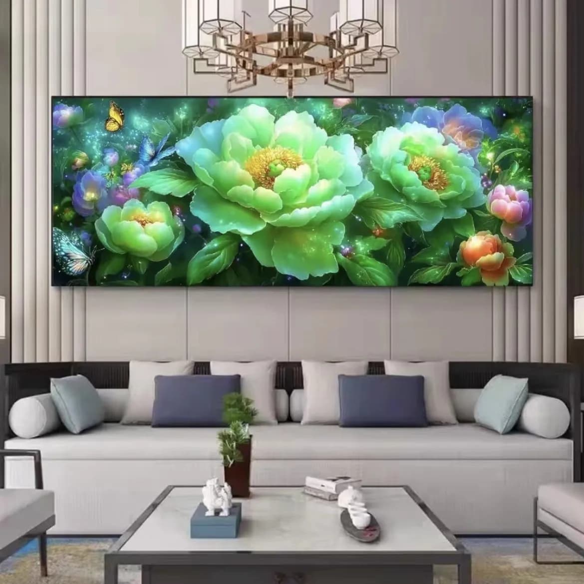 9CT 11ct 190x85cm Green Peony Embroidery DIY Chinese Style Printed Kits Cross Stitch Needlework Set Decor Crafts With Needles