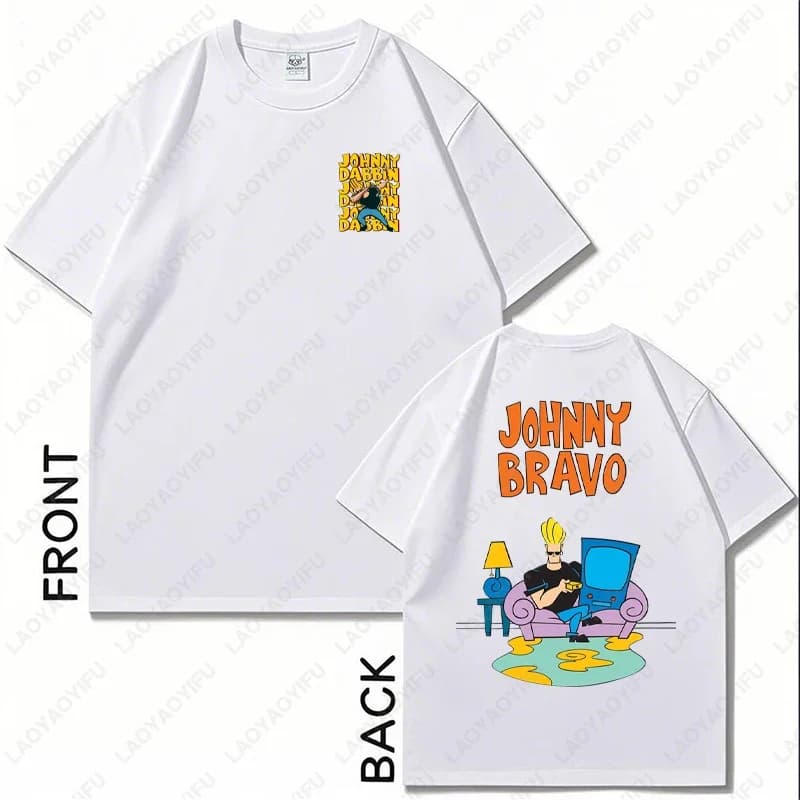 ‌Johnny Bravo Cartoon Graphic TShirt with Front and Back Prints Cotton Vintage Tees Men Women 90s Retro Pop Culture Apparel Tops