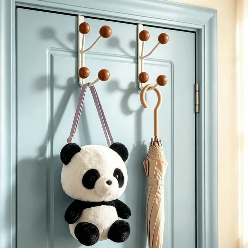 Multi Hooks Over Door Hook Rack Wood Round Knobs Iron Door Hanger Rack Stable No Drill Hooks Over The Door for Coats and Bags