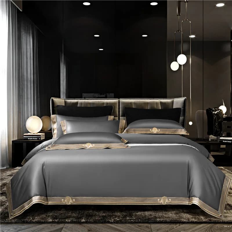 Set biancheria da letto di lusso in cotone egiziano 1200TC satinato, ricamo oro, Queen, King, copripiumino, lenzuolo piatto/con angoli, federe