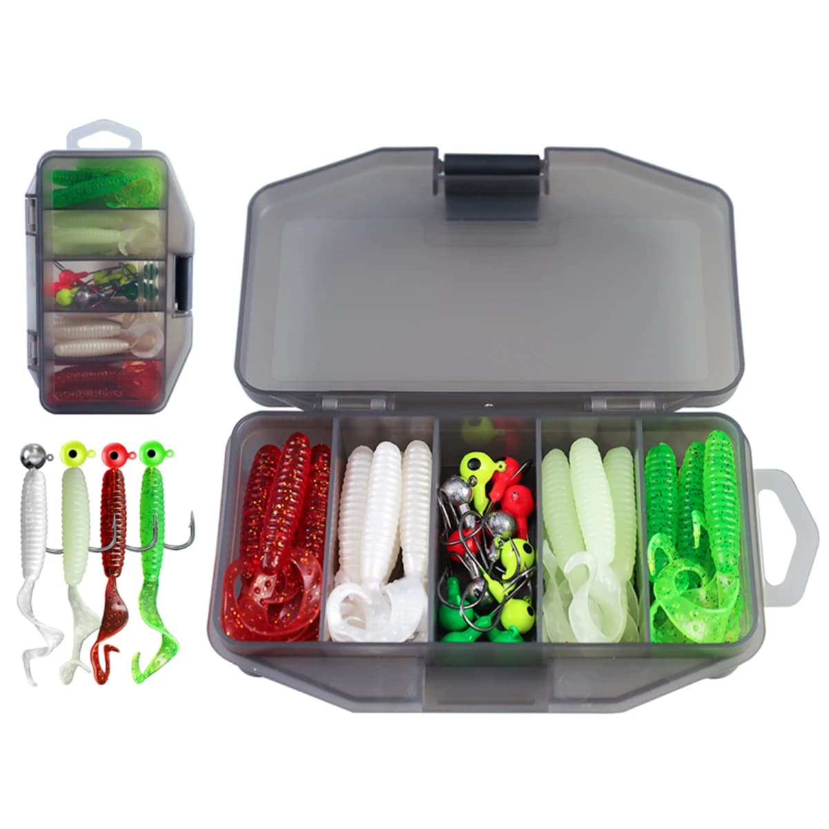 37Pcs/Set Curly Worms Soft Bait Kit Shrimp Smell Soft Fishing Lure 6cm 3g Jig Head Hook 3g Fishing Hooks with Fishing Tackle Box