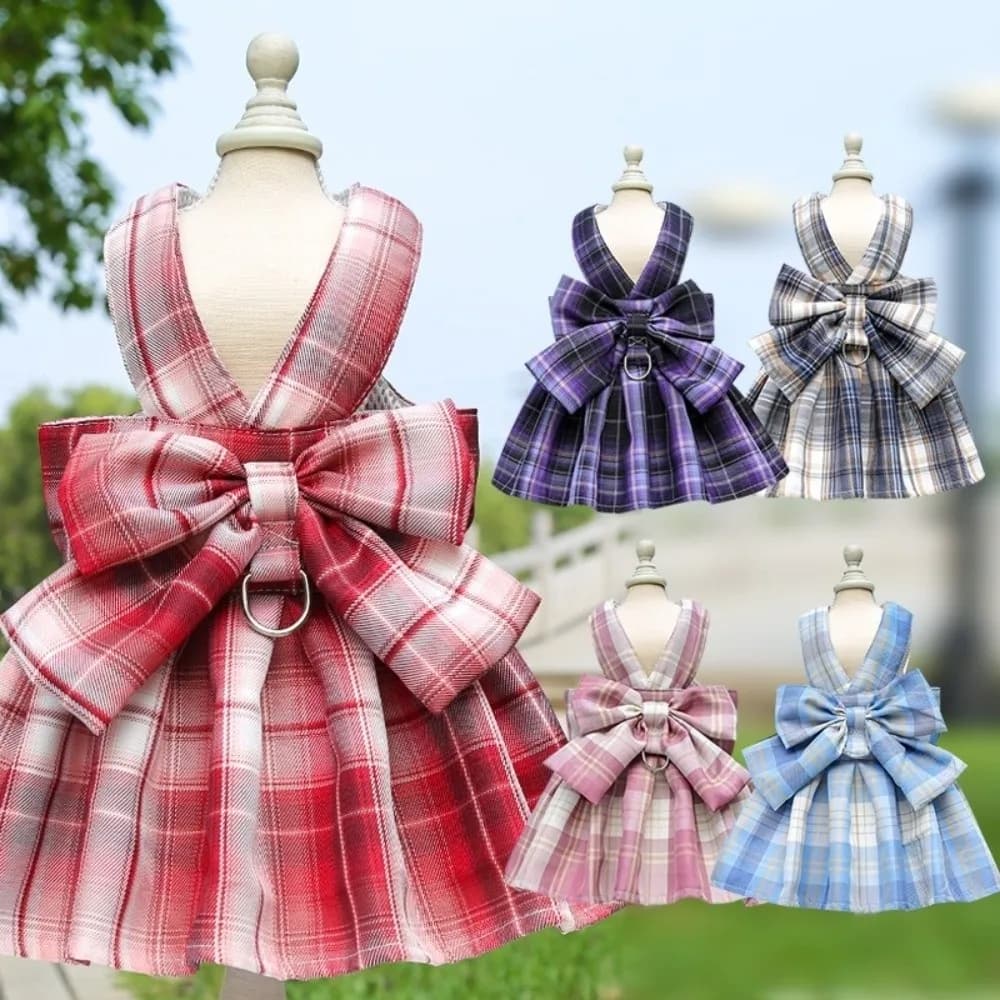 Set di Vestiti per Cani Regolabili con Guinzaglio, Pettorina Traspirante in Rete, Comoda Pettorina a Quadretti con Fiocco, Accessori per Animali Domestici
