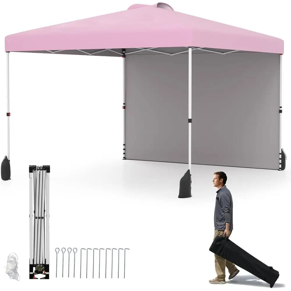 10x10 FT Pop Up Canopy With 1 Sidewall Outdoor Shade Wheeled Bag Vented Top 4 Sandbags 8 Stakes 4 Anchors 4 Wind Ropes Easy Up Portable Patio Tent For Party Camping