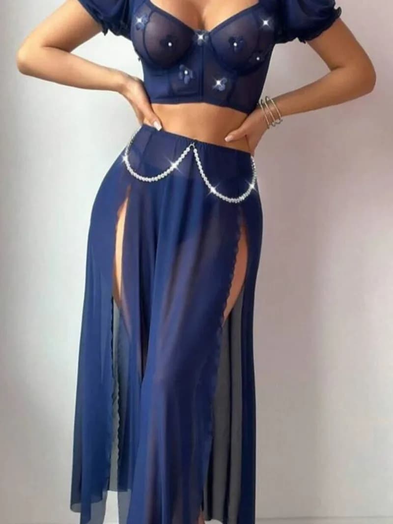Sexy Skirt Sets Mesh Pearl Split Solid Color Dress Sexy Pajamas Summer Women Embroidered Bra Skirt Sets Pure Desire Elegant WJA2