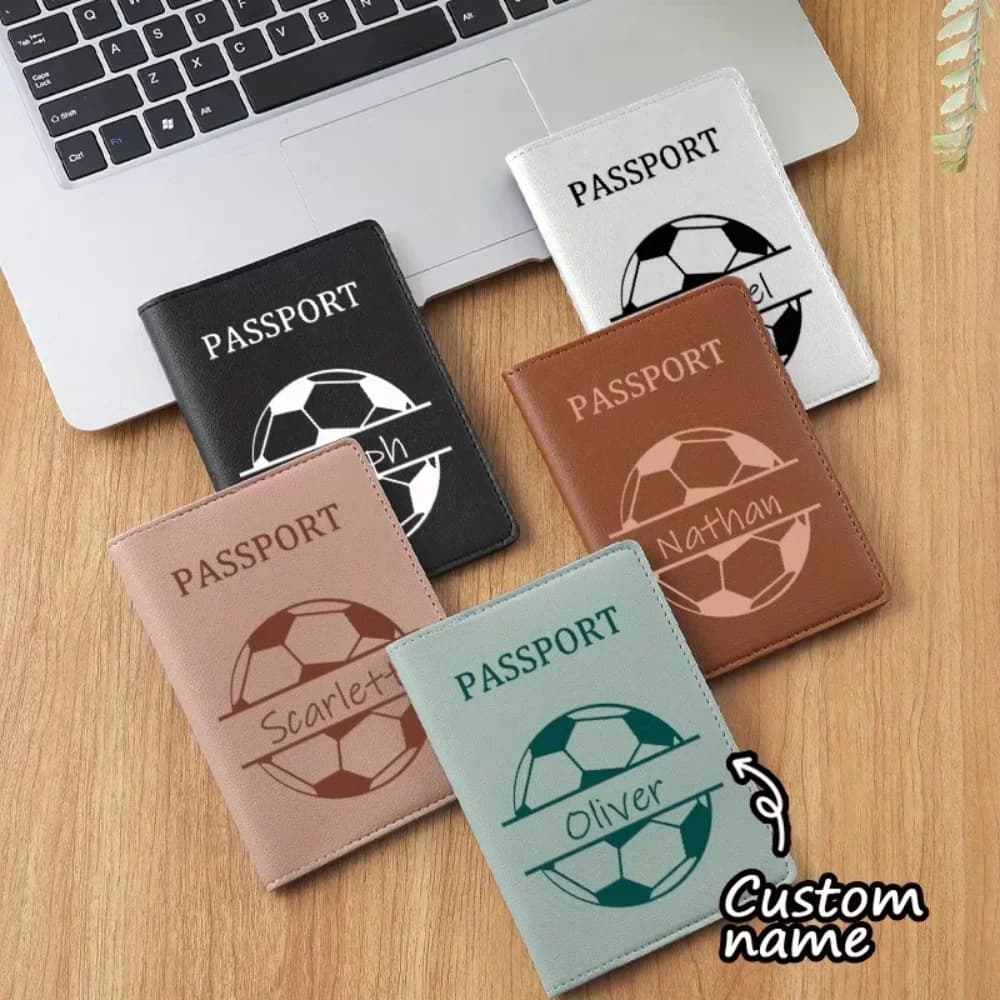 Customized Name Soccer Pattern Passport Holder, Travel Wallet with Card Slots And ID Holder, Stylish Gift for Men And Women