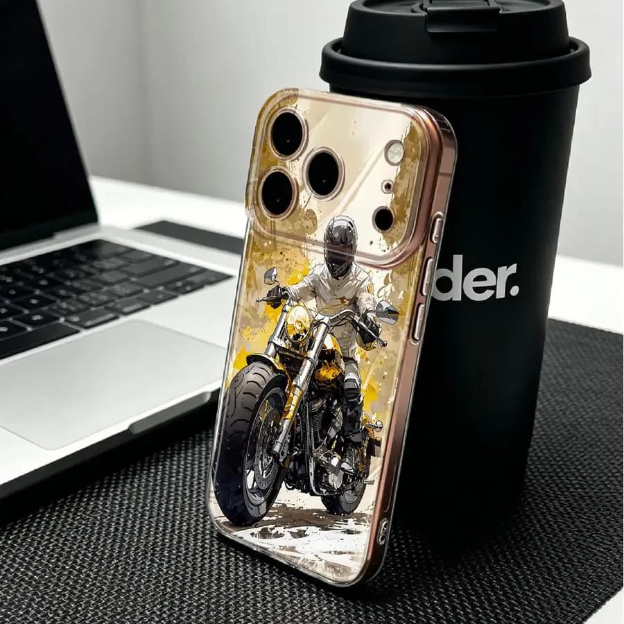 Cover Morbida per iPhone 17 Pro Max 15 XS Max 14 Plus Air XR 13 Pro 11 16 12 Mini 17e con Stampa Moto Gialla per Motociclisti