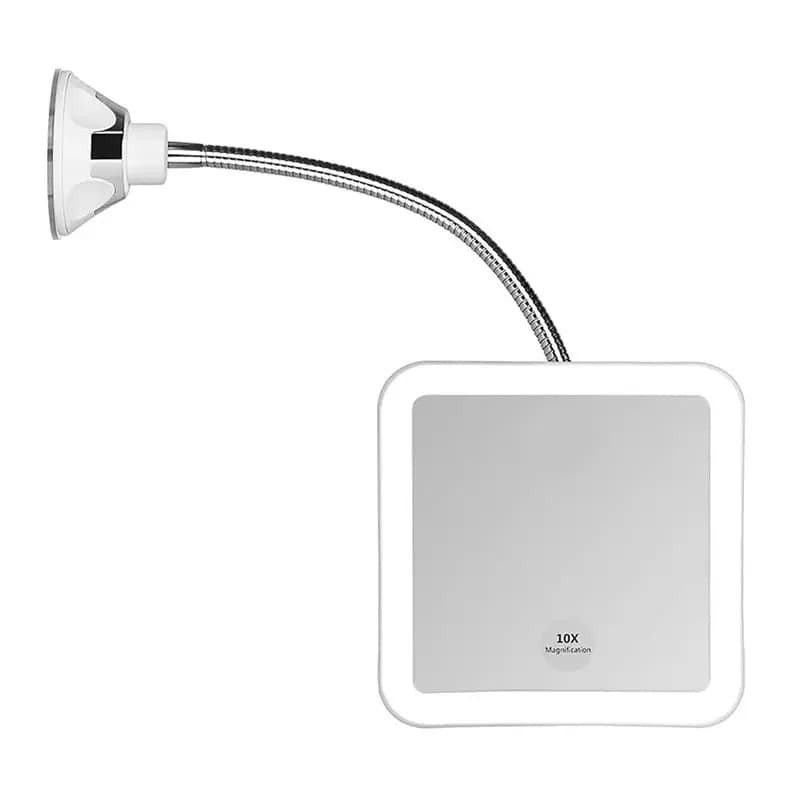 【NUOVO ANNO】 Specchio per il Trucco Flessibile Quadrato con Lente d'Ingrandimento 10X e Luce LED, Ventosa con Blocco di Potenza, Illuminazione Diffusa Brillante