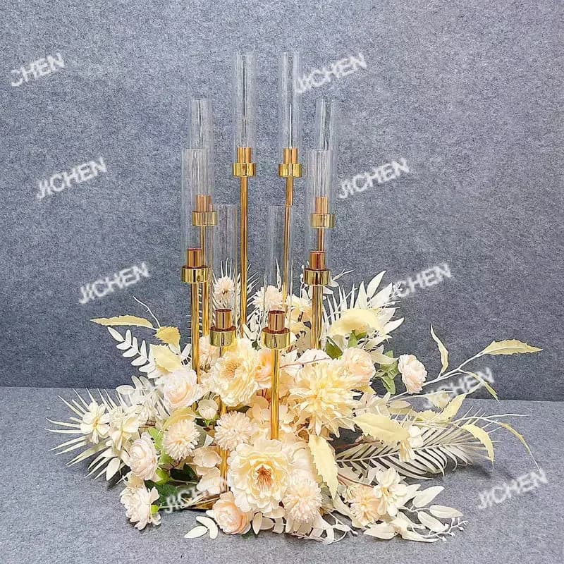 HSBest-seller oggetti di scena per matrimoni in ferro battuto oro backgammon candeliere tavolo da pranzo ornamento disposizione luogo decorazione guida stradale