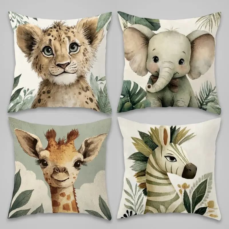 Jungle Safari Animal Print Pillowcase Set 4PCS Cute Nursery Decor Throw Pillow Jungle Wildlife Art 45x45cm