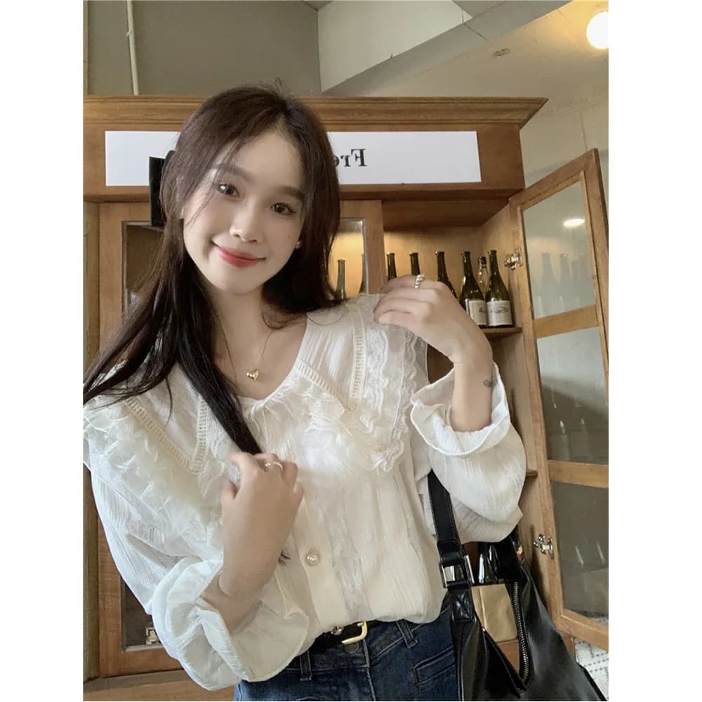 Women Cream White Lace Blouse with Ruffle Trim V-Neck Long Sleeve Button Down Loose Fit Romantic Casual Top