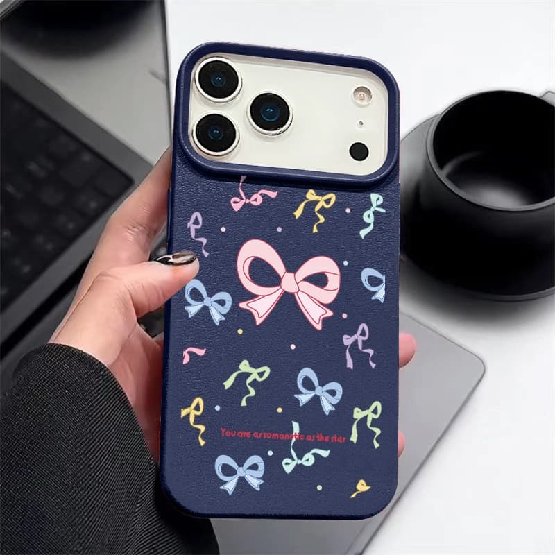 Custodia per telefono con motivo a fiocco colorato per iPhone 17e 17 Pro 16 15 14 13 Pro Max 16e 11, antiurto, in morbido TPU con texture in pelle
