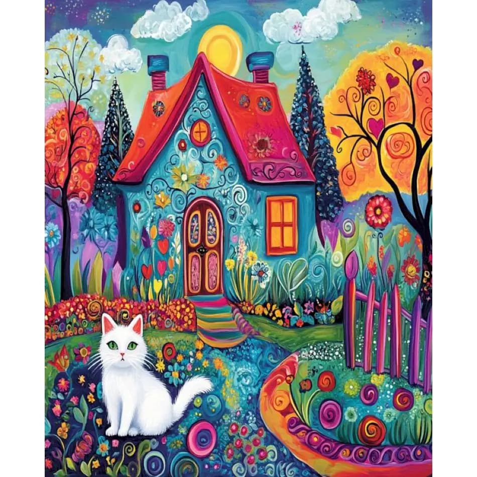 RUOPOTY White Cat And House 5d Diamond Painting Home Wall Decor Diy Gift Animal Full Round Diamond Art Painting Handmade Diy