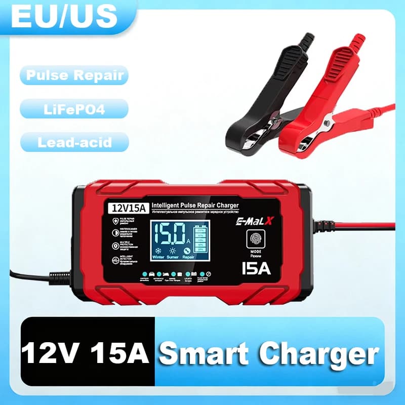 Caricabatteria per auto con display digitale aggiornato 12V 15A Riparazione a impulsi con spina UE/USA per LiFePO4, piombo acido, AGM, ricarica batteria GEL