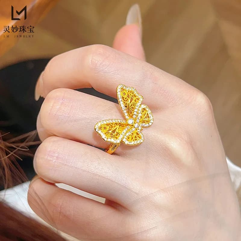 9999 24K gioielli di lusso in oro reale anello a farfalla cavo trapano con diamanti piccolo anello Fudian regalo di lusso leggero per la fidanzata