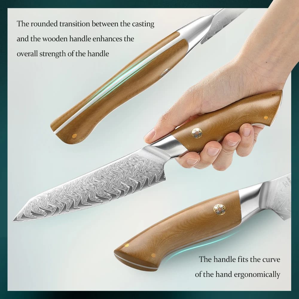 XINZUO 5.3 Inches Utility Knife 67-Layer Damascus Steel Kitchen Knife 60±2HRC Steel Core 15° Per Side Edge Linen Micarta Handle