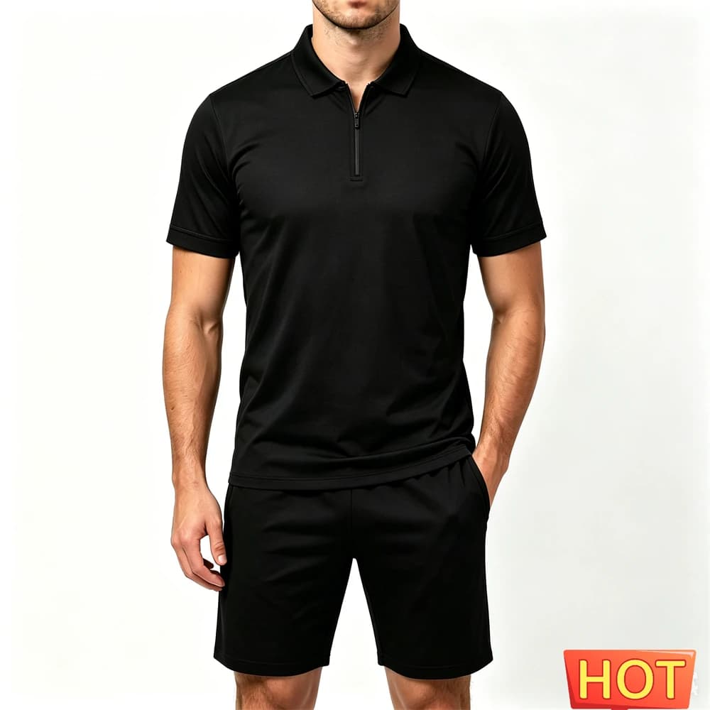 Summer Men's Tracksuit Sets Simple Solid Color Polo Shirt and Shorts 2 Piece Fashion Zip Short Sleeve Outfit Casual Men Clothing
