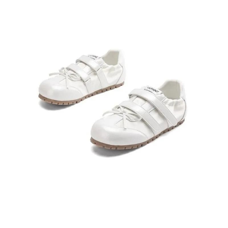 Women White Double Strap Velcro Sneakers, Round Toe Bow Decor Retro Trainer Shoes, Lightweight Flat Casual Shoes for Daily