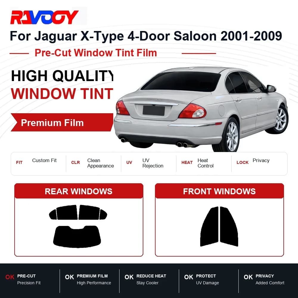 RAVOOY Precut Window Tint, Reusable Removable EPU Film, Custom Fit for Jaguar X Type 2002-2008, UV Heat Protection