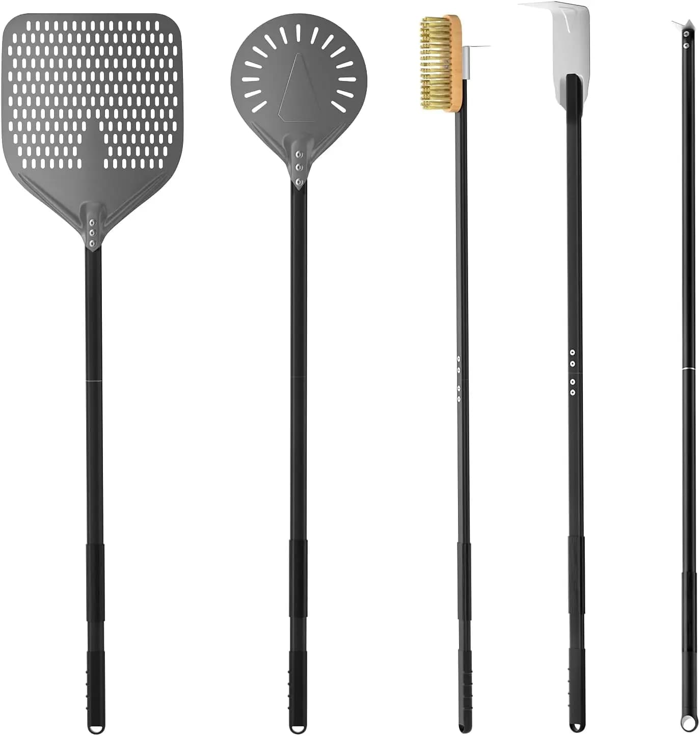 Set di 5 Utensili per Pizza - Pala in Alluminio, Paletta Girevole, Spazzola da Forno, Rastrello per Ceneri, Forchetta per Amanti della Pizza