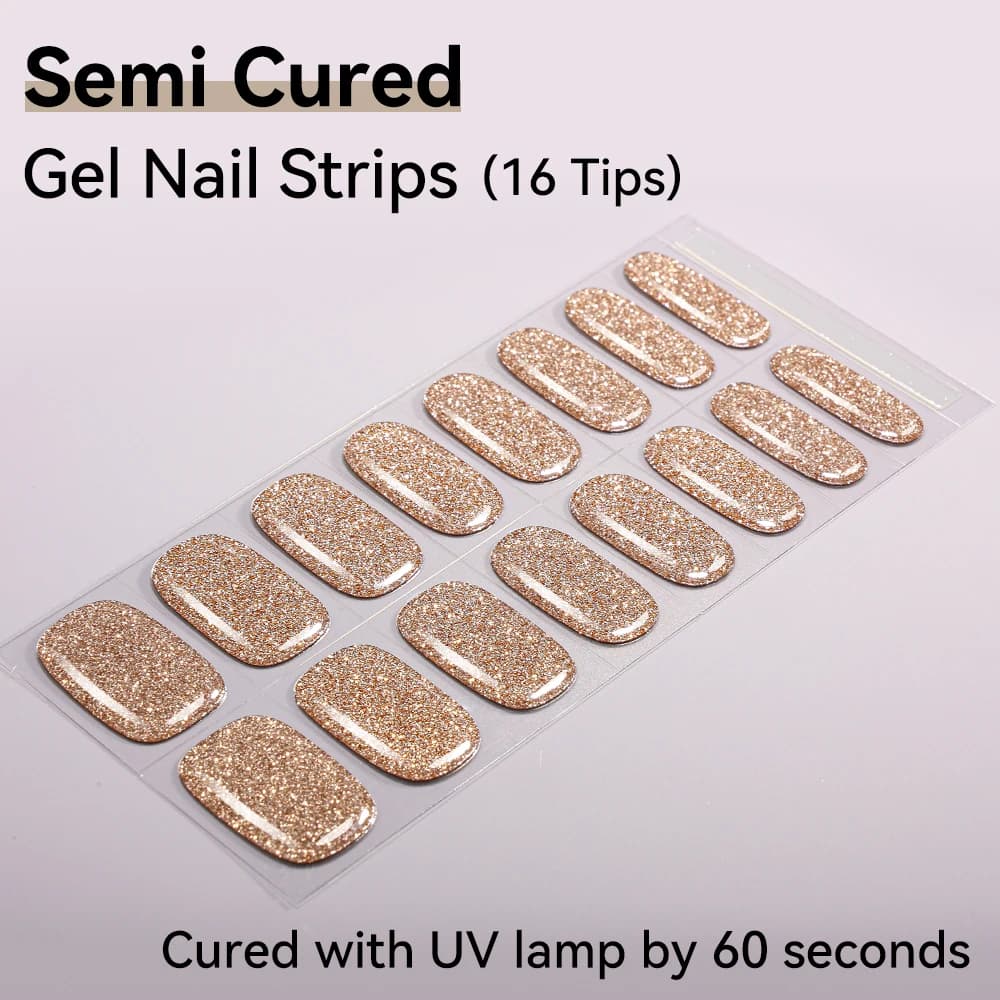16 Tips Sparkly Shinning Semi Cured Gel Nail Strips Pink Nude Glitter Gel Polish Stickers for Nails Works with UV/LED Nail Lamps