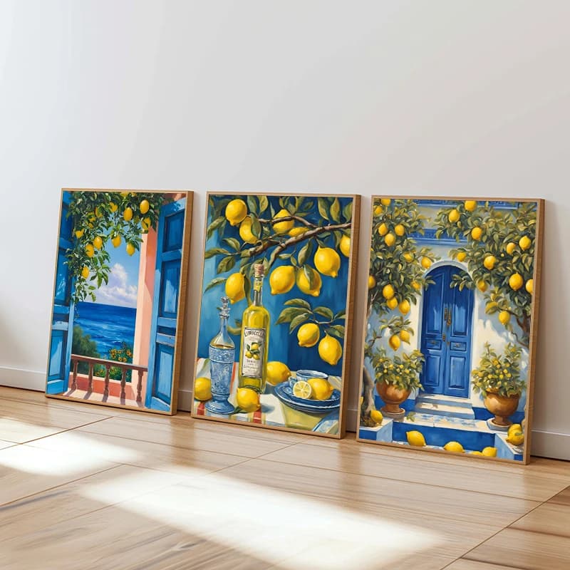 Poster Mediterraneo con Limoni e Porte Blu, Stampa Diamantata di Finestre e Paesaggi Costieri di Amalfi, Decorazione Murale per Cucina