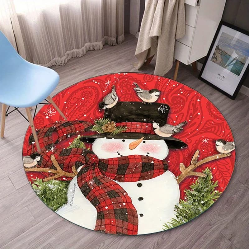 Cappello scozzese Pupazzo di neve Sfondo rosso Tappeto rotondo Tappetino in velluto di cristallo Tema natalizio Decorazioni natalizie Tappeto da soggiorno