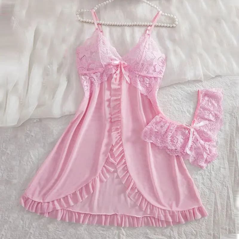 Set rosa per donna Perizoma sexy Lingerie Teddy camicia da notte Squisito pigiama femminile caldo con scollo a V con mutandine Set da 2 pezzi Abito da notte