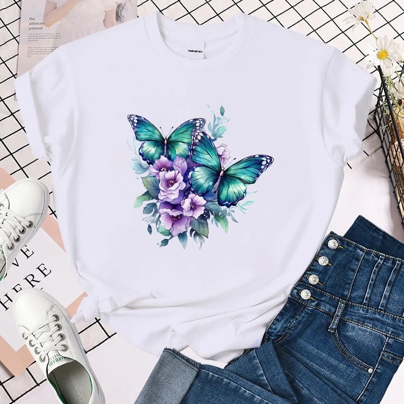 T-shirt da donna con stampa divertente di fiori e farfalle, maglietta estiva girocollo da donna, T-shirt casual alla moda