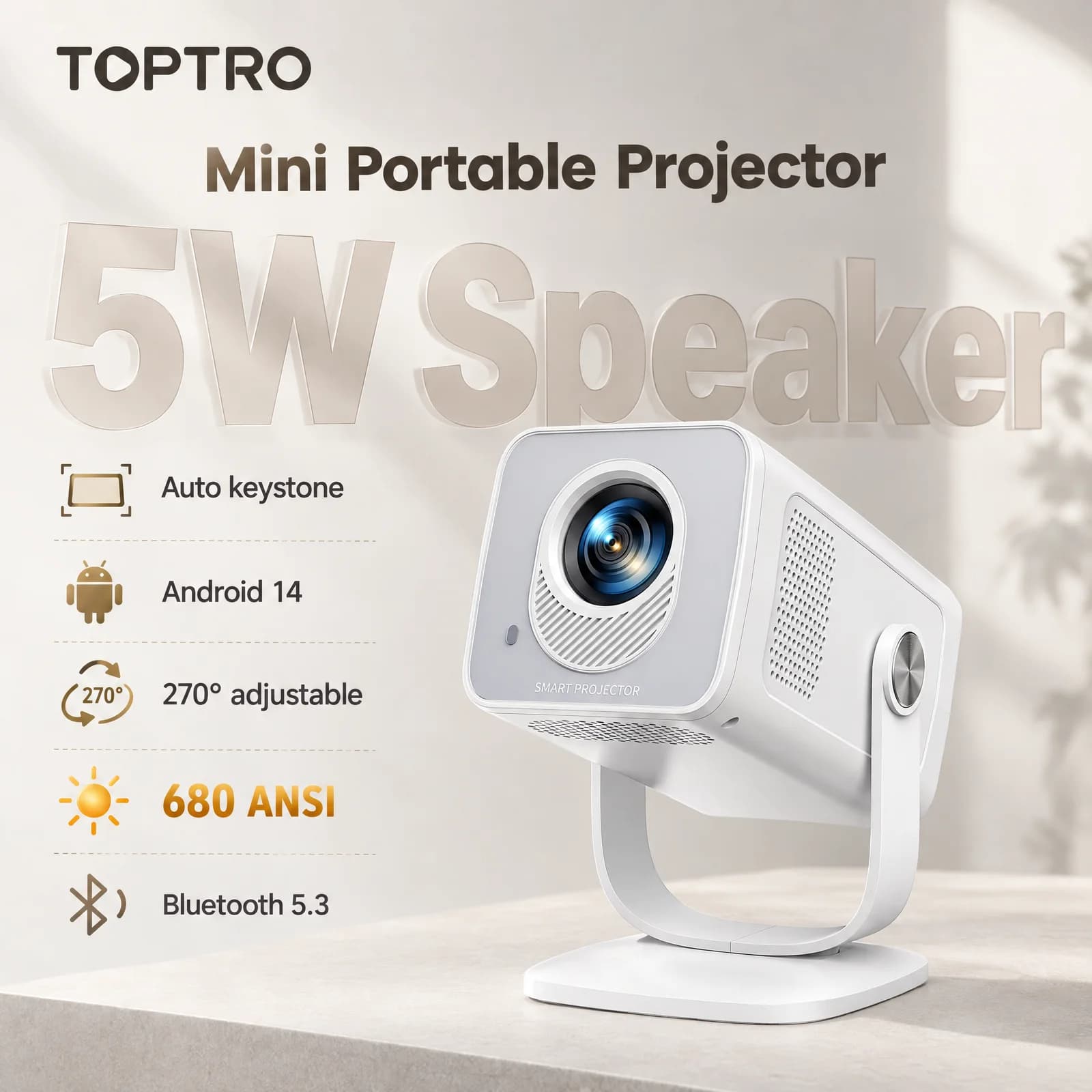 Toptro Portable Projector 4K Full HD 1080P WiFi6 Auto Focus & 270° Rotation Android 14 Mini Projector for Home Theater Outdoor