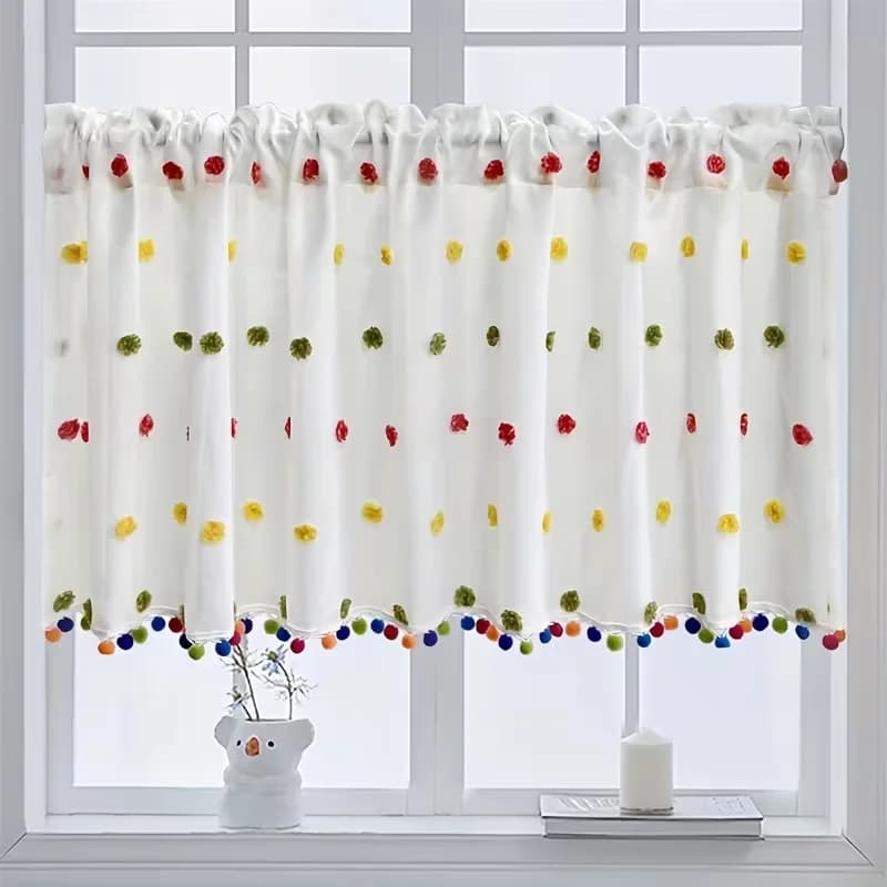 1pc Cream Thin Textured Dot Pom-pom Curtain, Soft Light, Fairy Decor for Bay Window Shelf