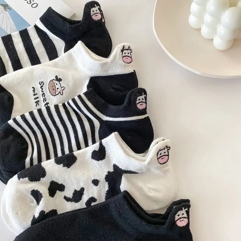 5 pairs of fun ankle bass socks with cow cartoons for women and men, socks with print, cute fashion