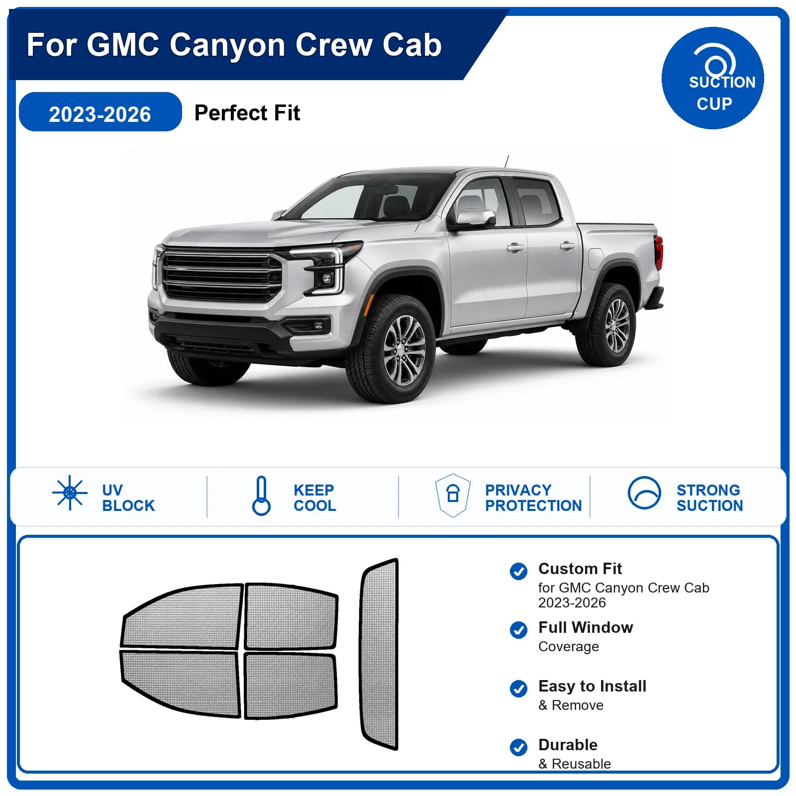 For GMC Canyon Crew Cab 2023-2026 Custom Full Set Windshield Sun Shade Aluminum Foil Heat Insulation Anti UV Foldable