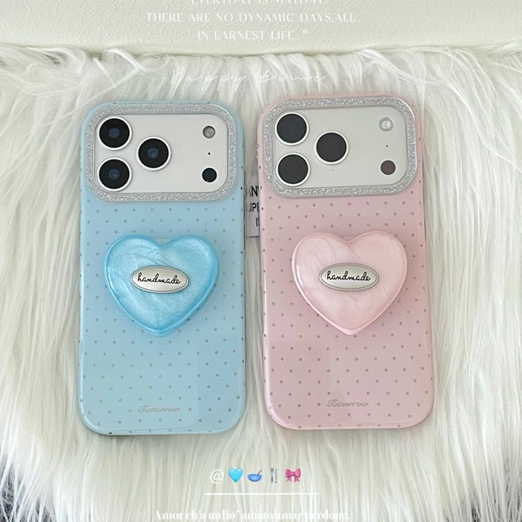 Custodia Protettiva Antiurto per iPhone 17 16 15 14 Pro Max con Cornice Portafoto Glitterata a Pois Rosa e Blu e Supporto a Cuore