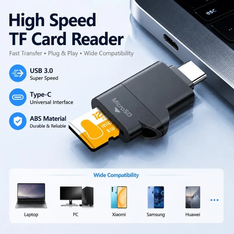 USB 3.0 Type-C Card Reader Universal TF Memory Card Adapter Compatible with Cellphones Laptops Tablets High Speed Transmission