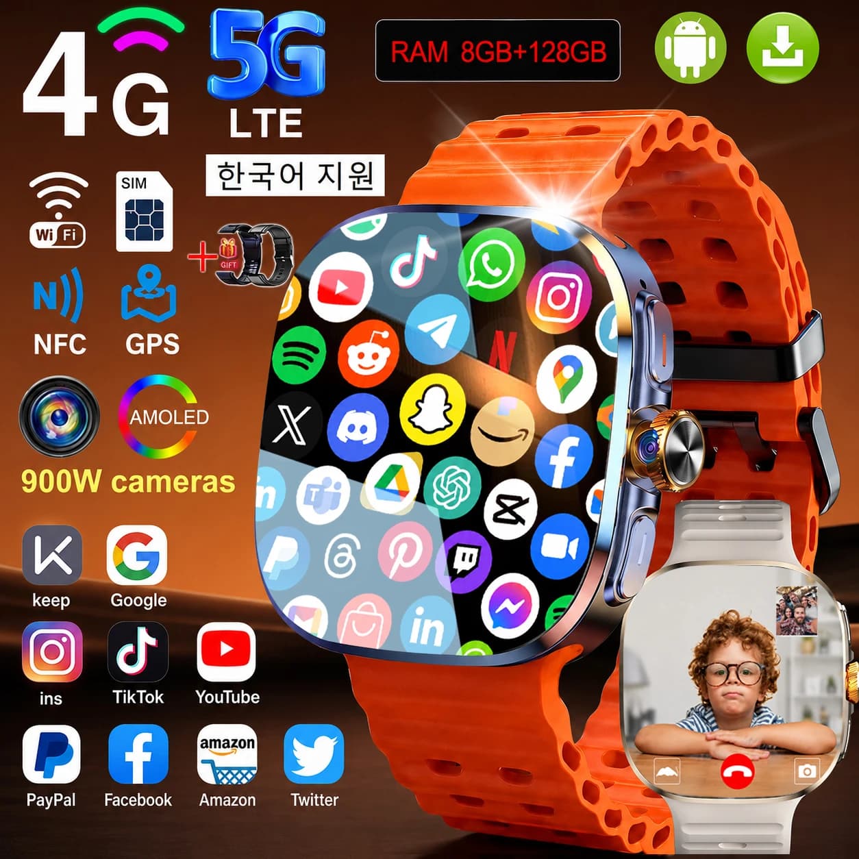 8G+128GB RAM 5G SIM Card Smart Watch Android 10.1 OS Phone WIFI GPS 900W HD Camera 2.4"AMOLED Screen 2100mah Battery Smartwatch