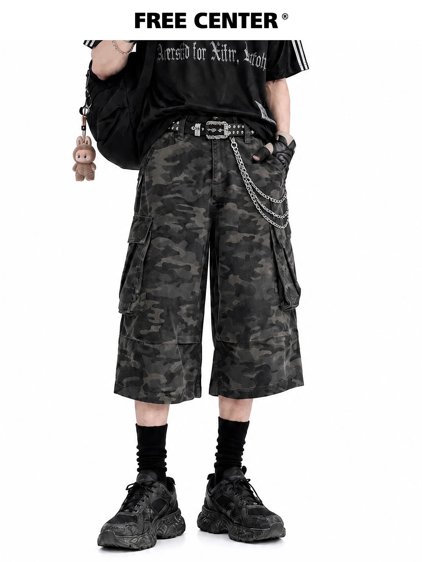 Free Center Pantaloncini mimetici stile americano, pantaloni casual da uomo a gamba dritta, a vita alta, in misto cotone, per l'abbigliamento estivo